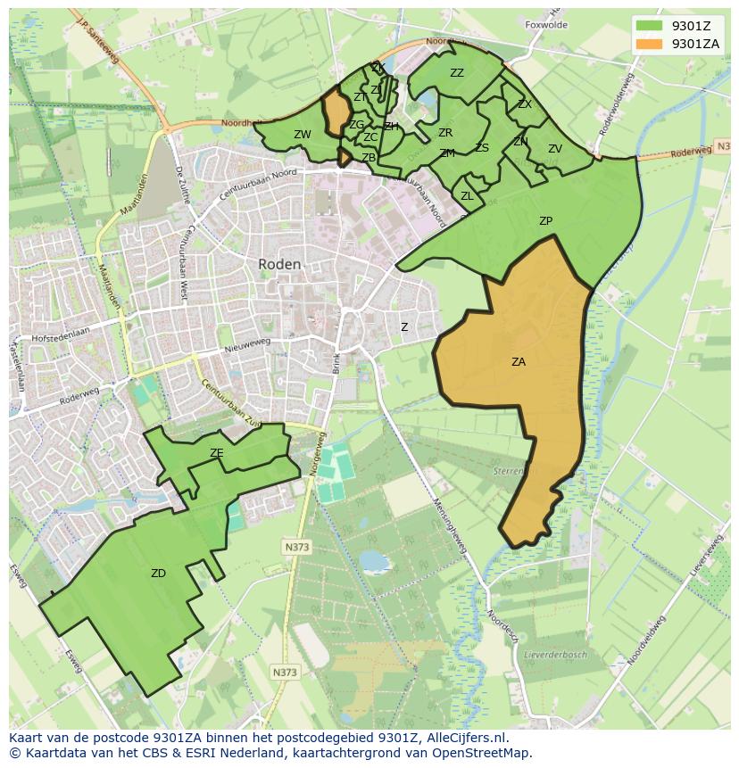 Afbeelding van het postcodegebied 9301 ZA op de kaart.