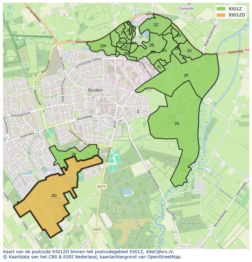 Afbeelding van het postcodegebied 9301 ZD op de kaart.