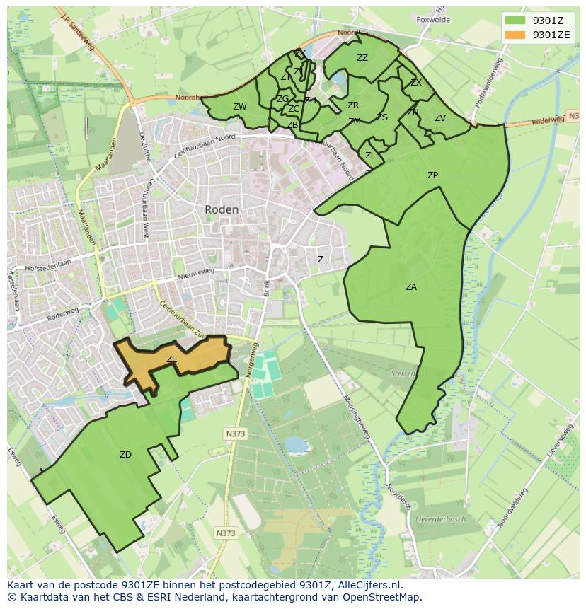 Afbeelding van het postcodegebied 9301 ZE op de kaart.