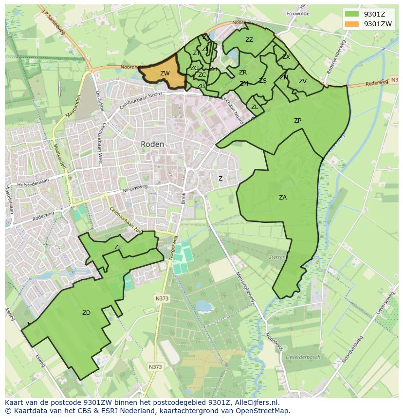Afbeelding van het postcodegebied 9301 ZW op de kaart.