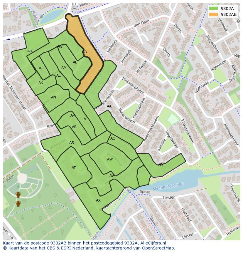 Afbeelding van het postcodegebied 9302 AB op de kaart.