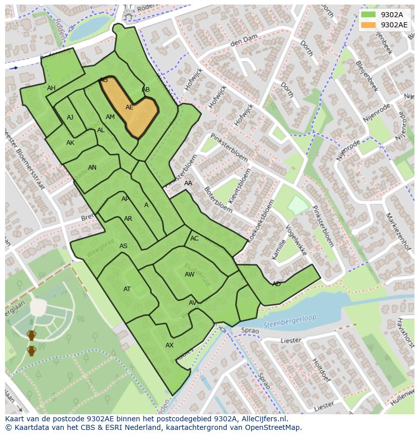 Afbeelding van het postcodegebied 9302 AE op de kaart.