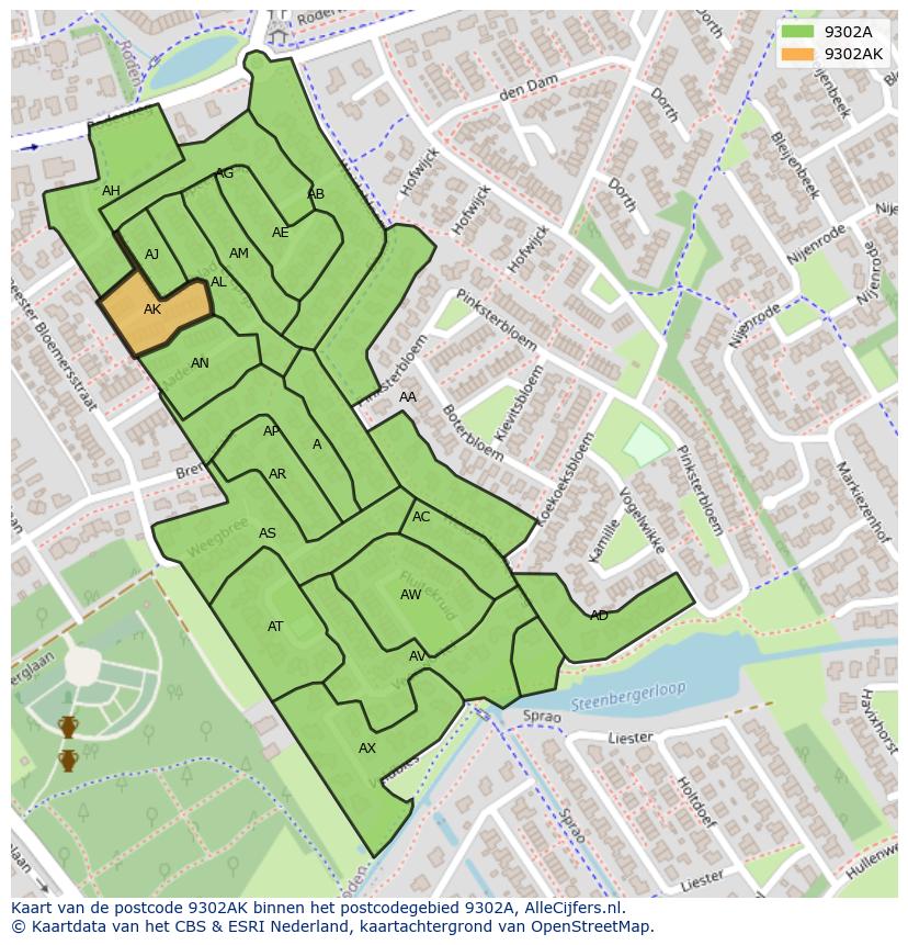 Afbeelding van het postcodegebied 9302 AK op de kaart.