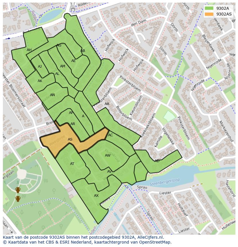 Afbeelding van het postcodegebied 9302 AS op de kaart.