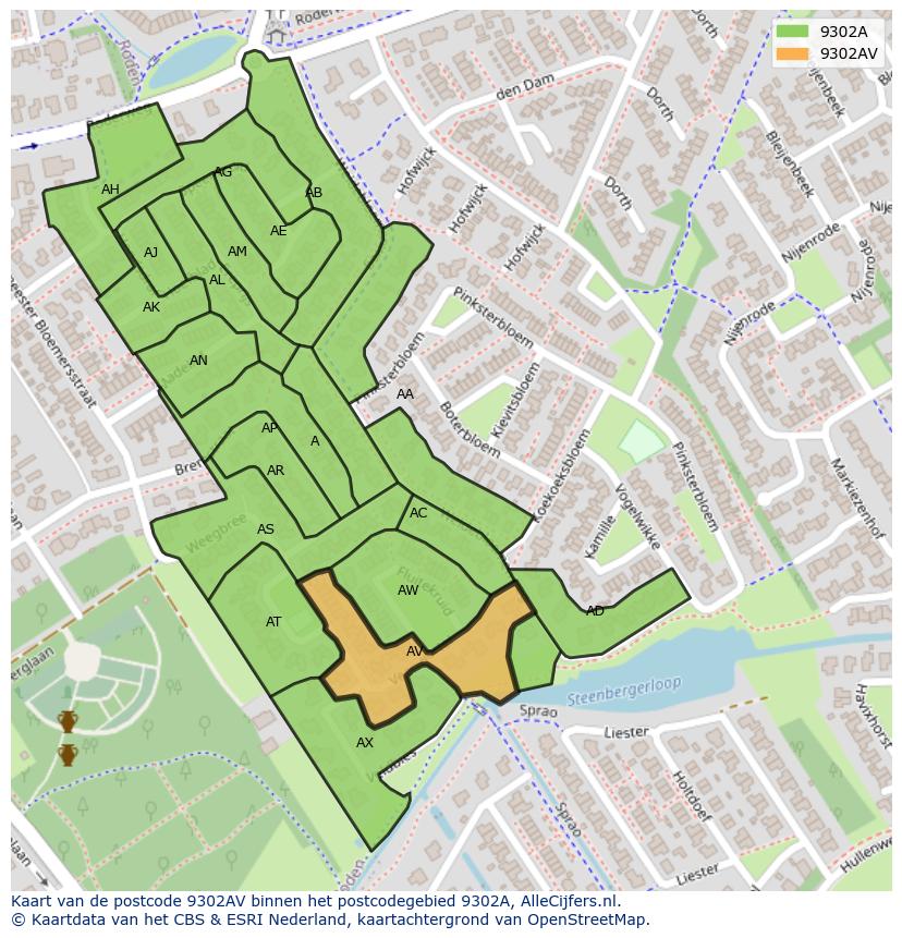Afbeelding van het postcodegebied 9302 AV op de kaart.
