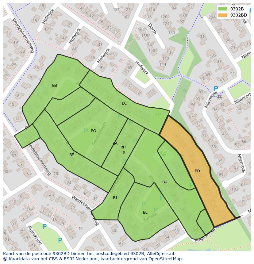 Afbeelding van het postcodegebied 9302 BD op de kaart.