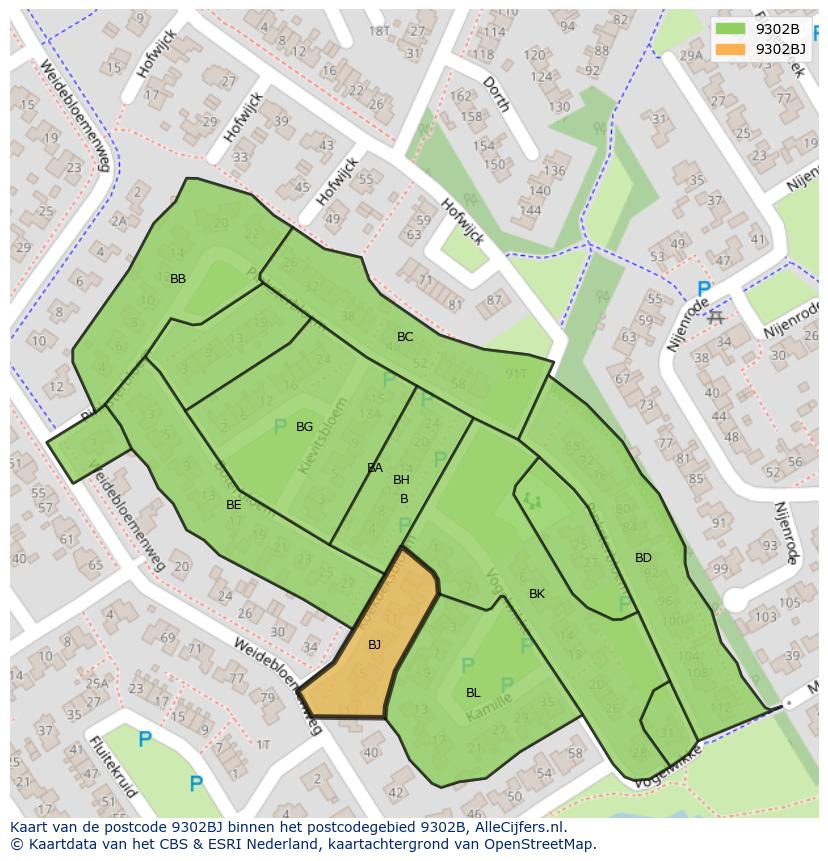 Afbeelding van het postcodegebied 9302 BJ op de kaart.