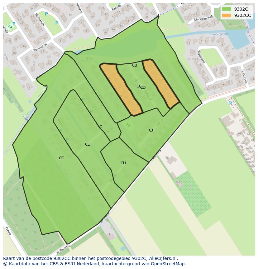 Afbeelding van het postcodegebied 9302 CC op de kaart.