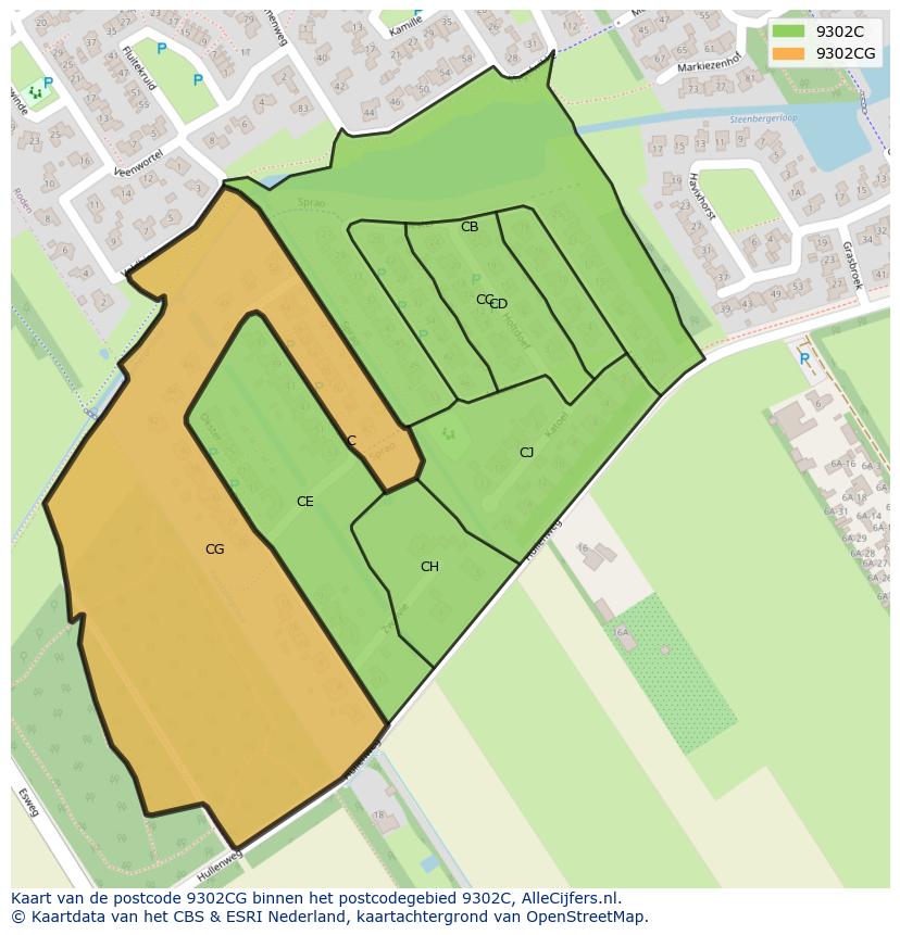 Afbeelding van het postcodegebied 9302 CG op de kaart.