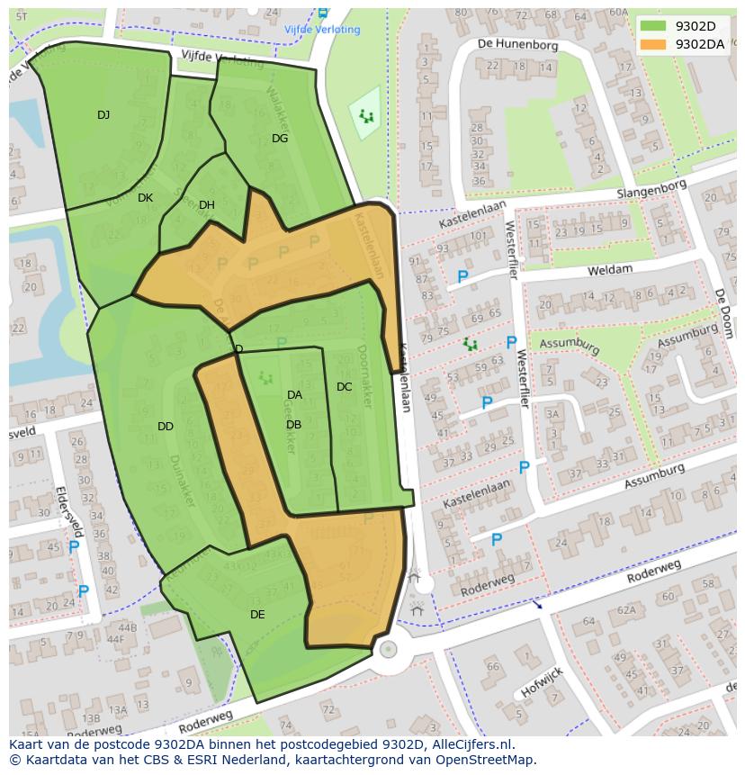 Afbeelding van het postcodegebied 9302 DA op de kaart.