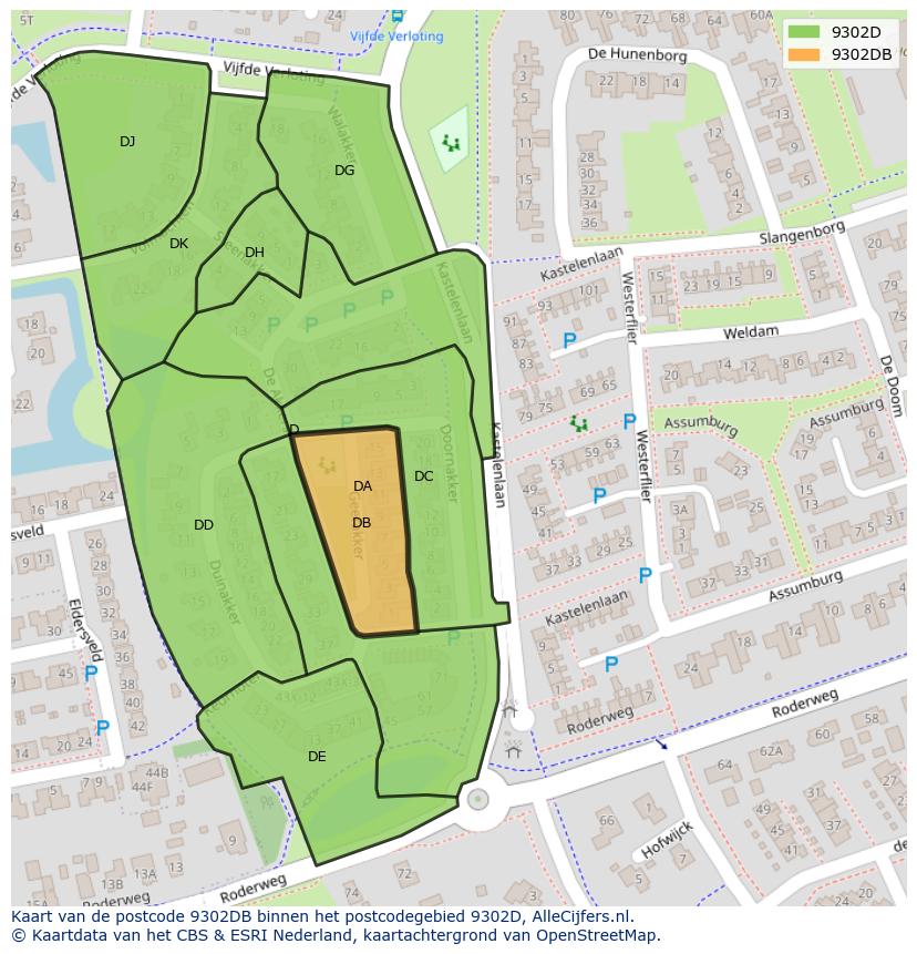 Afbeelding van het postcodegebied 9302 DB op de kaart.