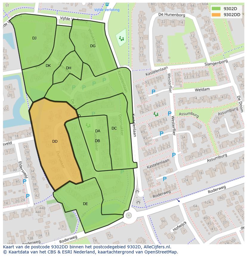 Afbeelding van het postcodegebied 9302 DD op de kaart.