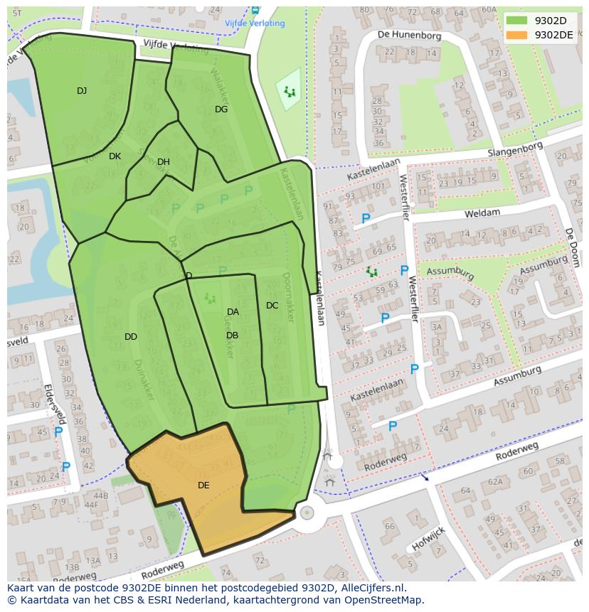 Afbeelding van het postcodegebied 9302 DE op de kaart.