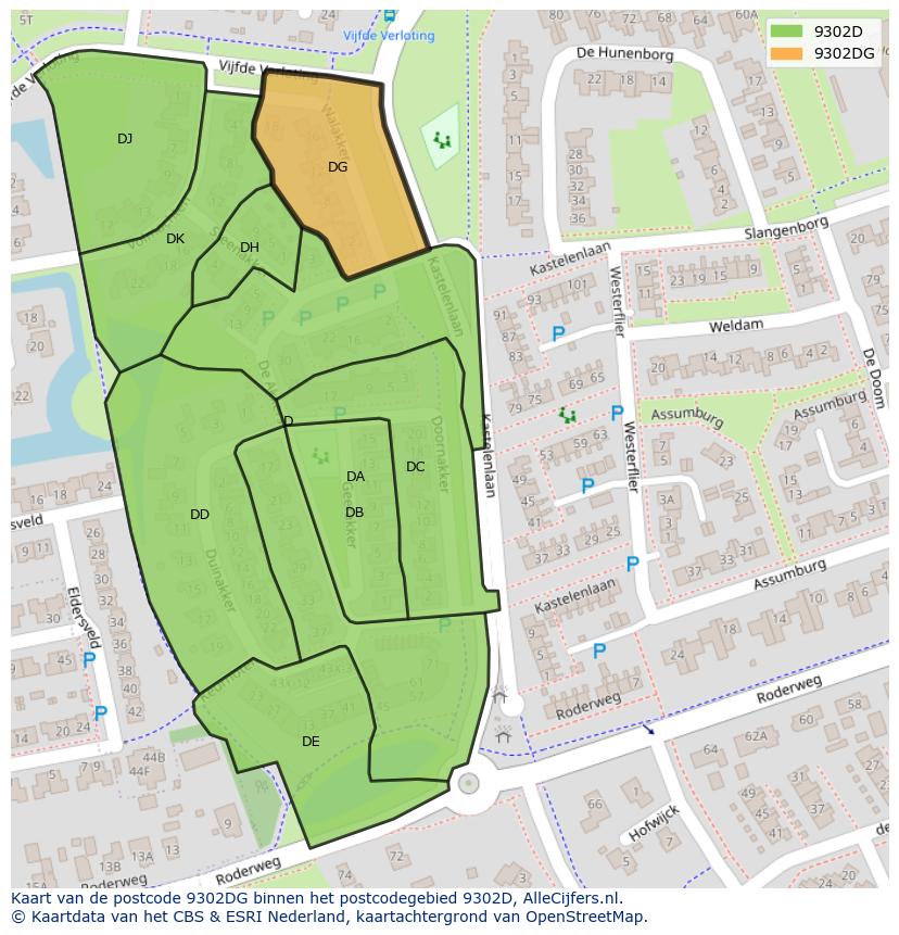 Afbeelding van het postcodegebied 9302 DG op de kaart.