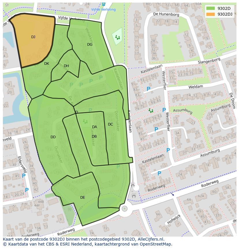 Afbeelding van het postcodegebied 9302 DJ op de kaart.