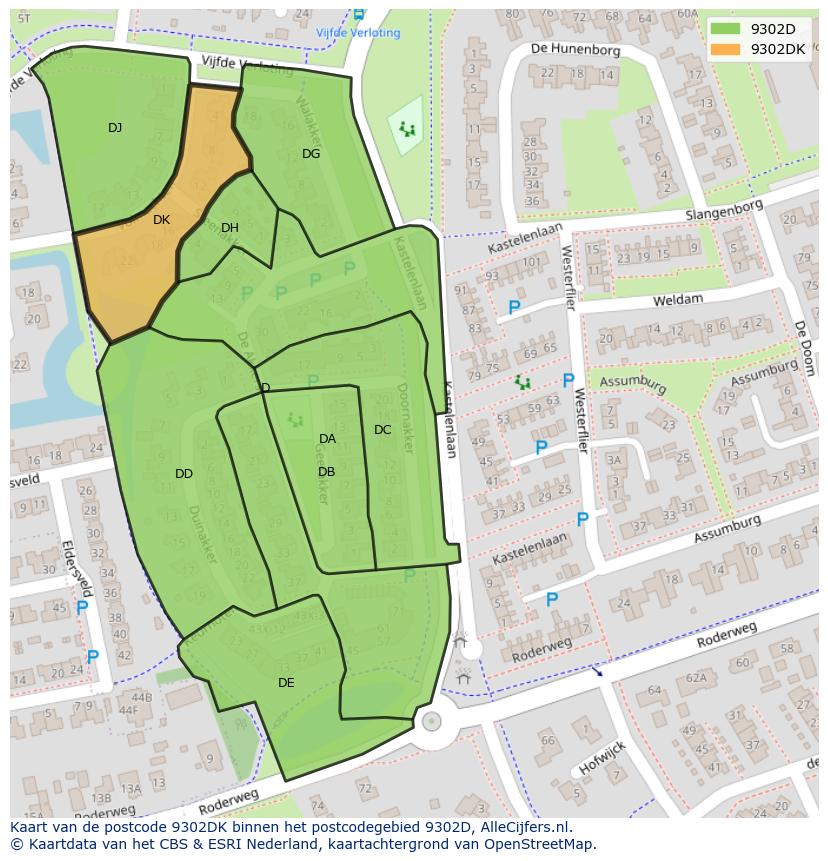 Afbeelding van het postcodegebied 9302 DK op de kaart.