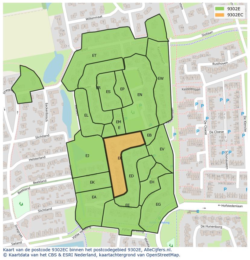 Afbeelding van het postcodegebied 9302 EC op de kaart.