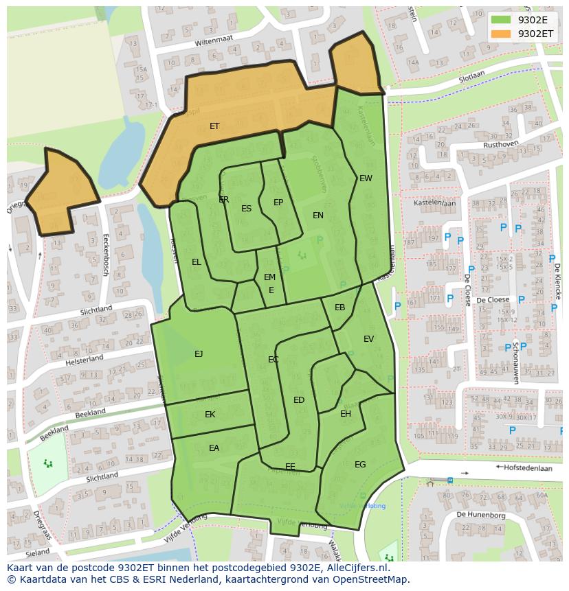 Afbeelding van het postcodegebied 9302 ET op de kaart.