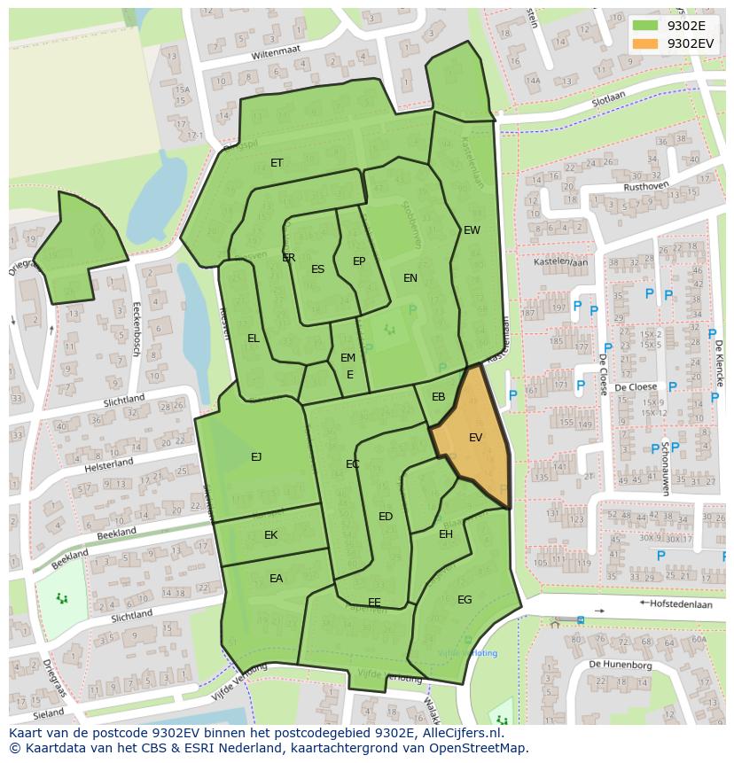 Afbeelding van het postcodegebied 9302 EV op de kaart.