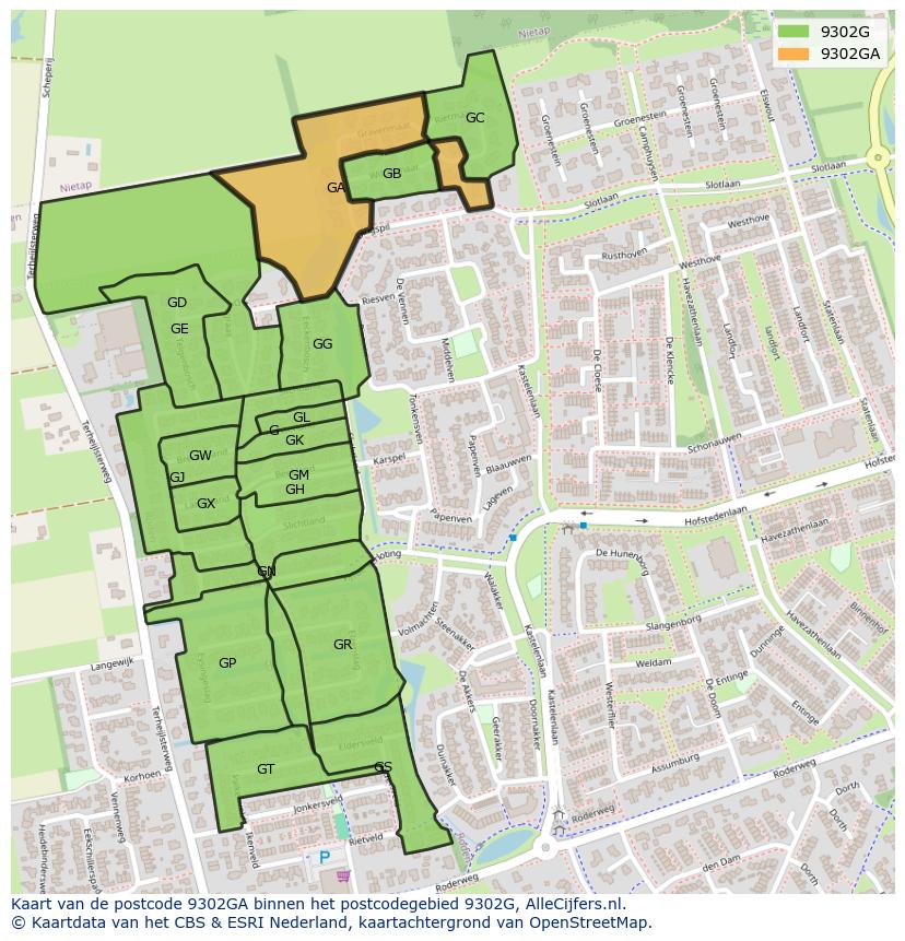 Afbeelding van het postcodegebied 9302 GA op de kaart.