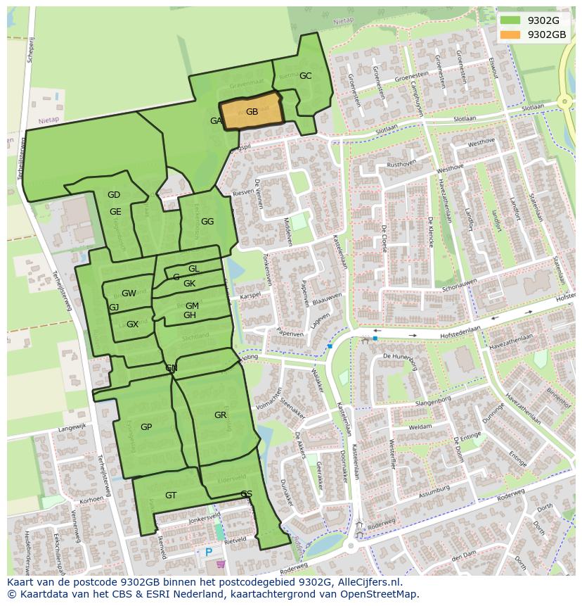 Afbeelding van het postcodegebied 9302 GB op de kaart.