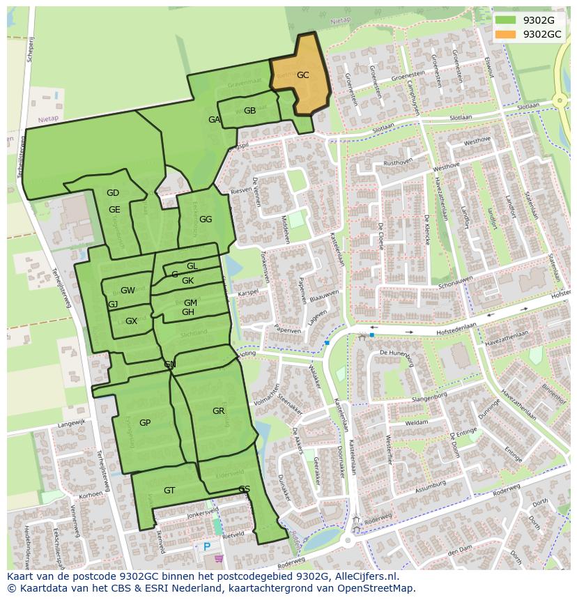 Afbeelding van het postcodegebied 9302 GC op de kaart.