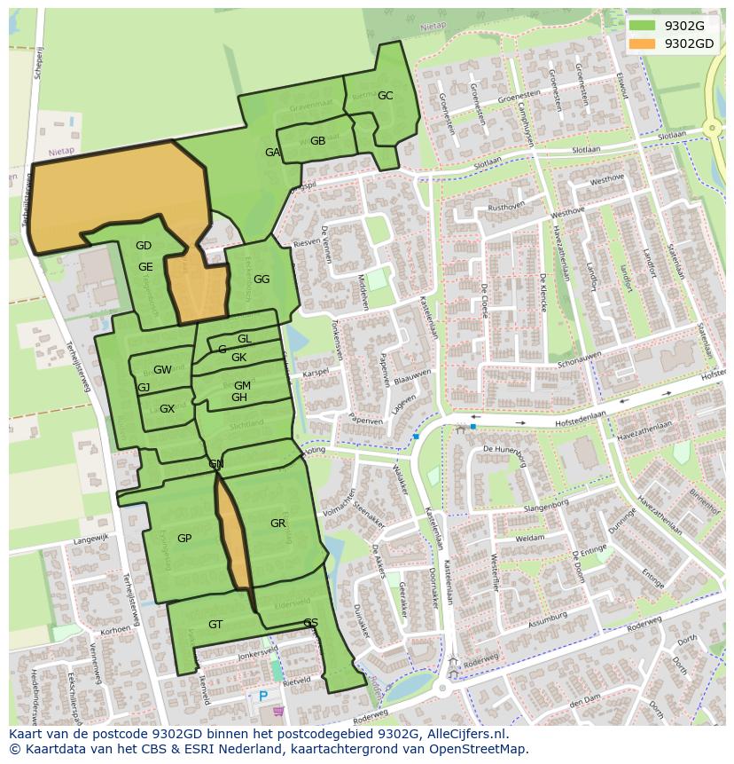 Afbeelding van het postcodegebied 9302 GD op de kaart.