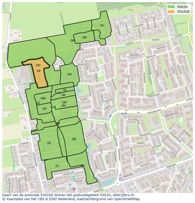Afbeelding van het postcodegebied 9302 GE op de kaart.