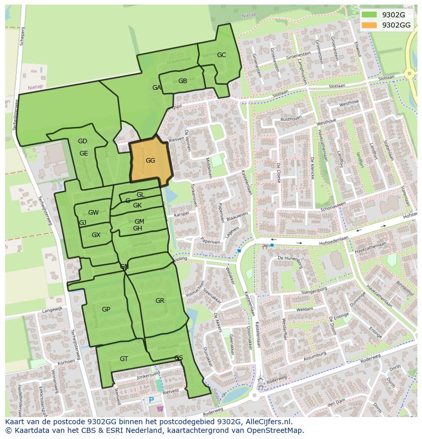 Afbeelding van het postcodegebied 9302 GG op de kaart.