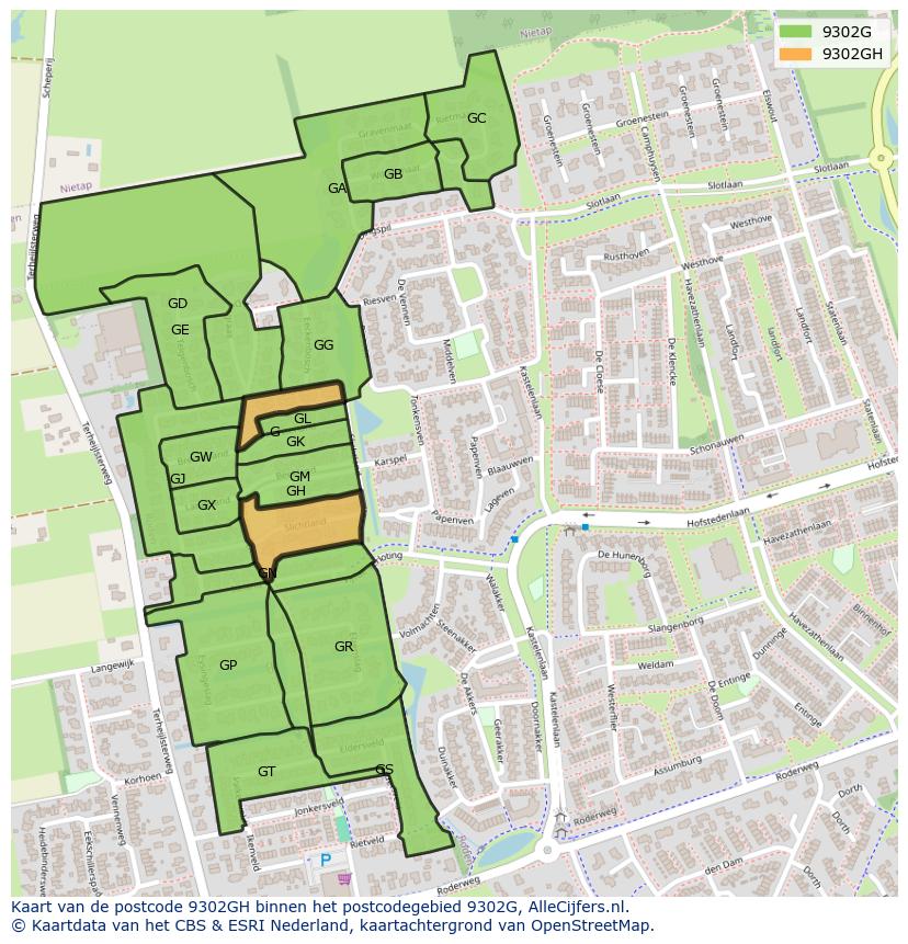 Afbeelding van het postcodegebied 9302 GH op de kaart.