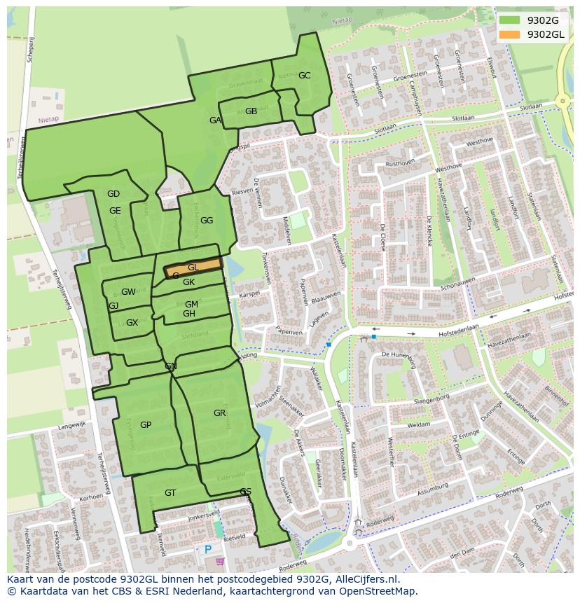 Afbeelding van het postcodegebied 9302 GL op de kaart.