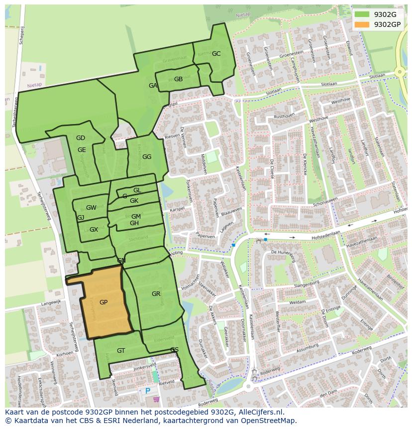 Afbeelding van het postcodegebied 9302 GP op de kaart.