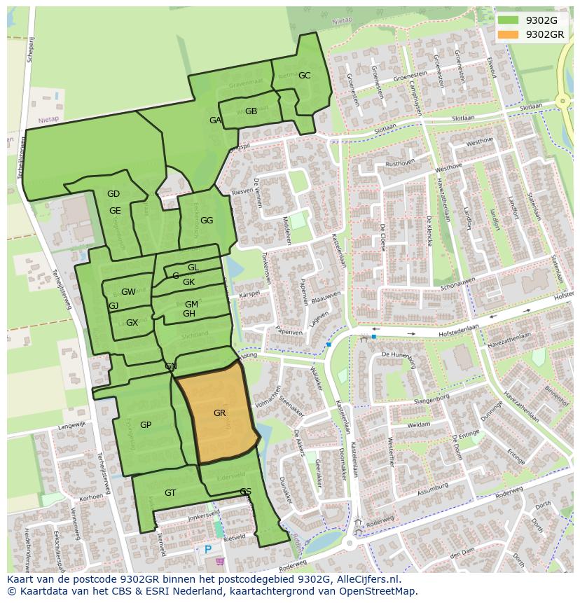 Afbeelding van het postcodegebied 9302 GR op de kaart.