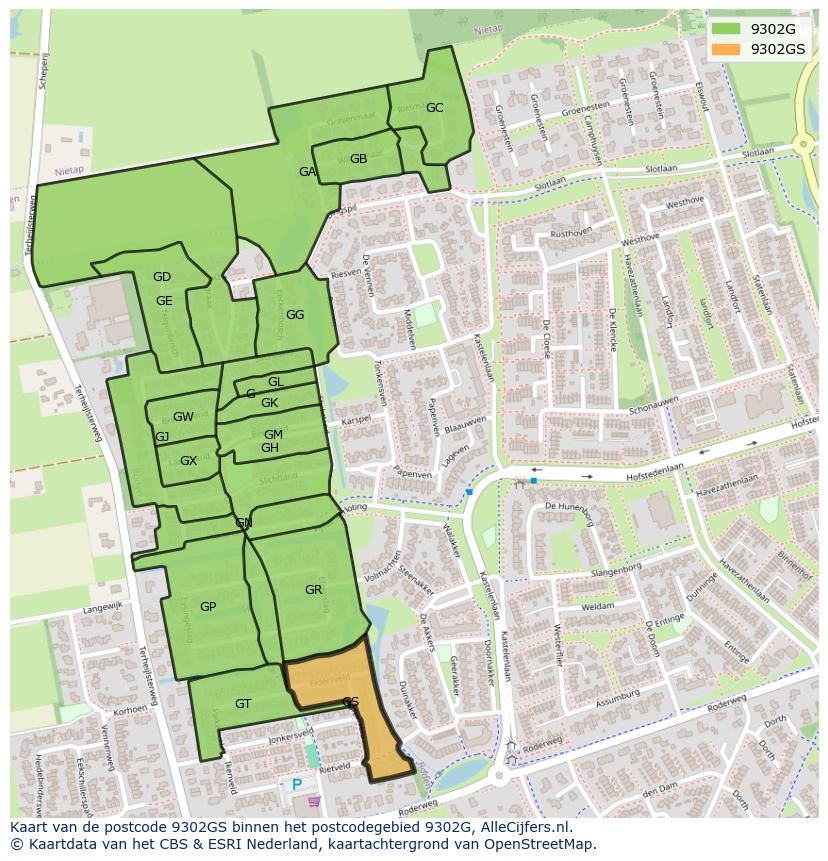 Afbeelding van het postcodegebied 9302 GS op de kaart.