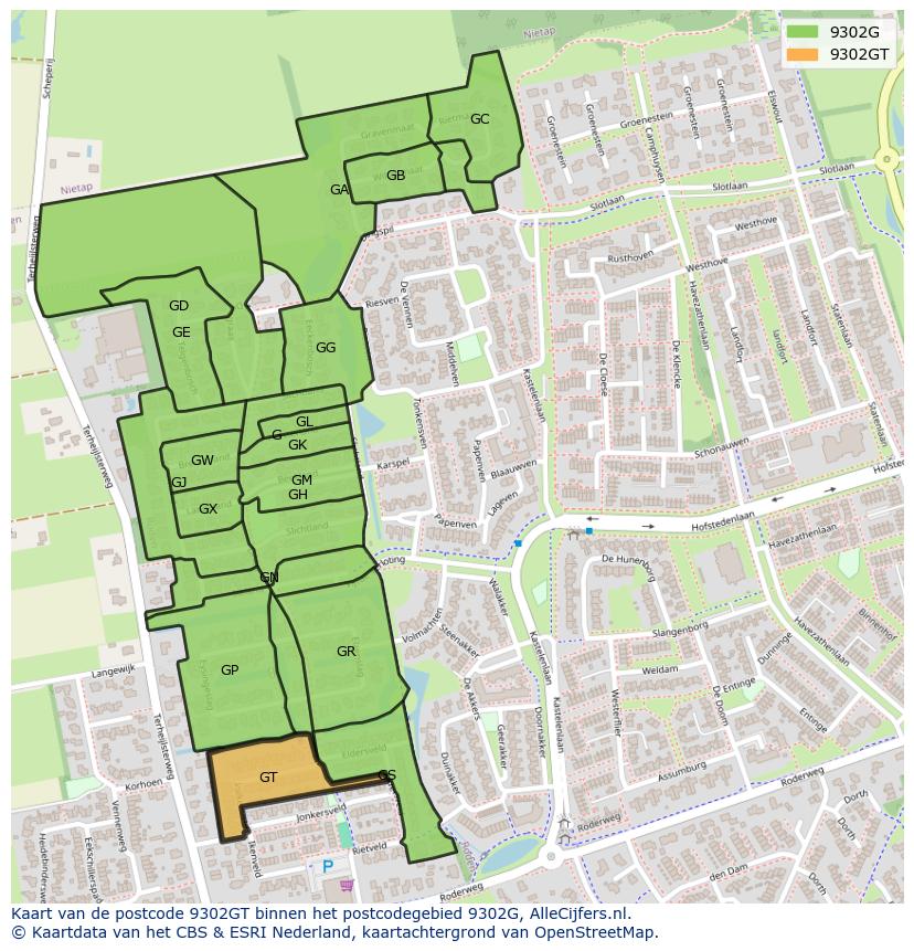 Afbeelding van het postcodegebied 9302 GT op de kaart.