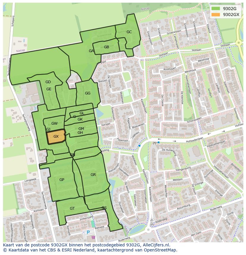Afbeelding van het postcodegebied 9302 GX op de kaart.