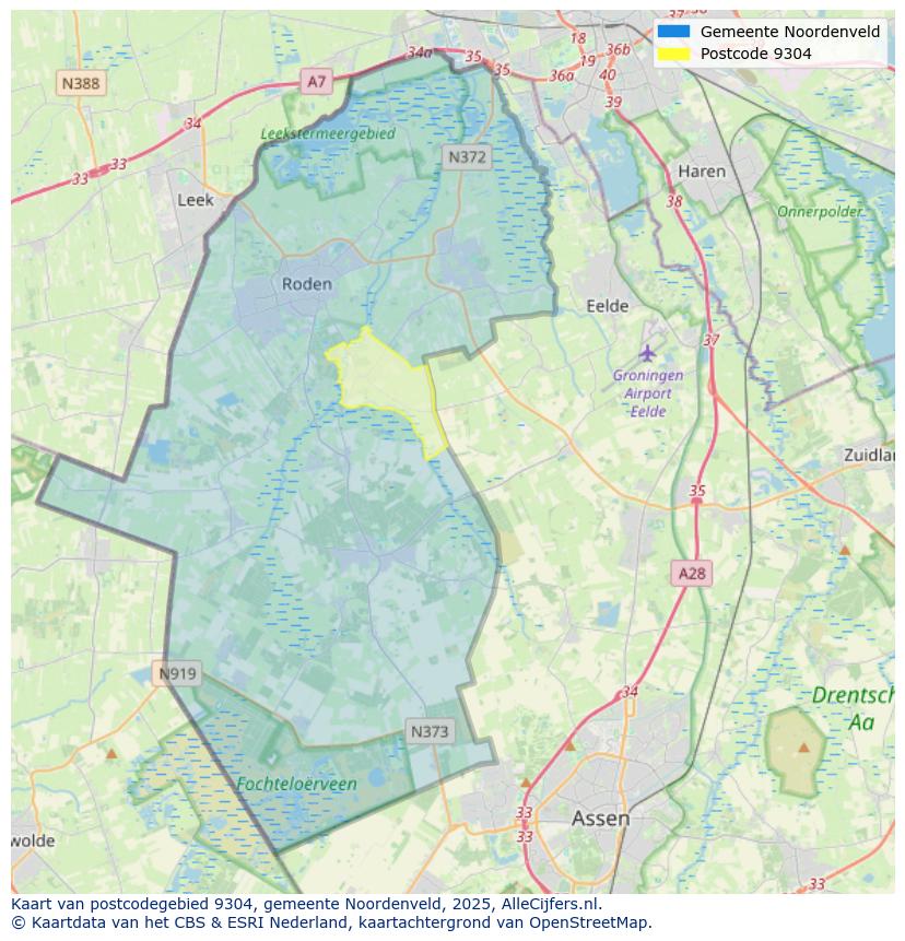 Afbeelding van het postcodegebied 9304 op de kaart.