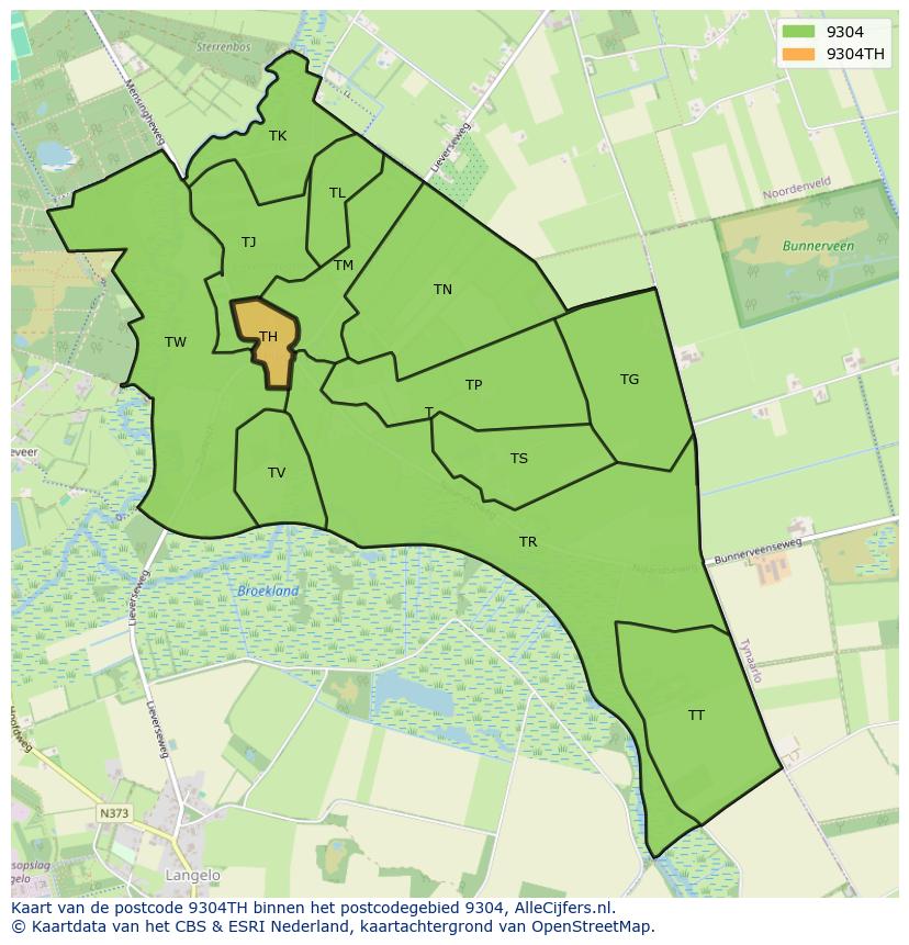 Afbeelding van het postcodegebied 9304 TH op de kaart.