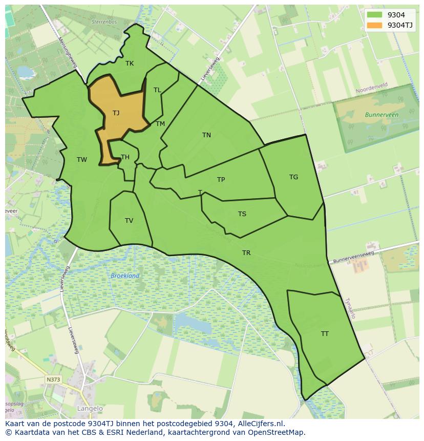 Afbeelding van het postcodegebied 9304 TJ op de kaart.