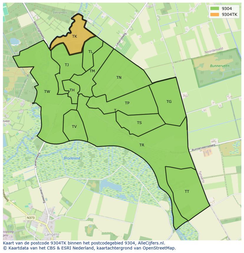 Afbeelding van het postcodegebied 9304 TK op de kaart.