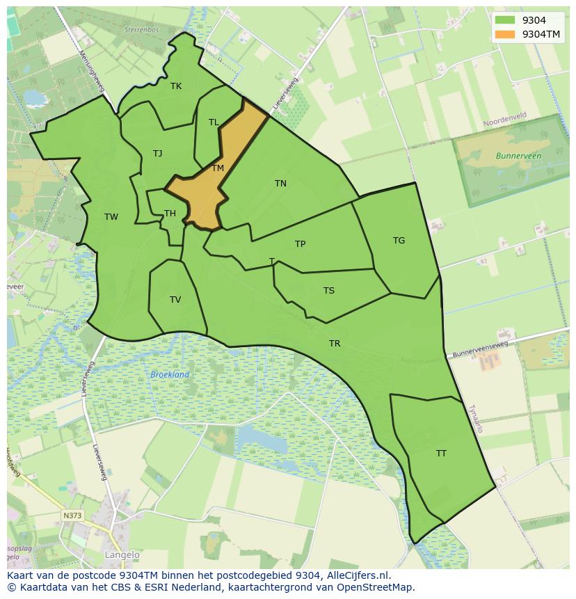 Afbeelding van het postcodegebied 9304 TM op de kaart.