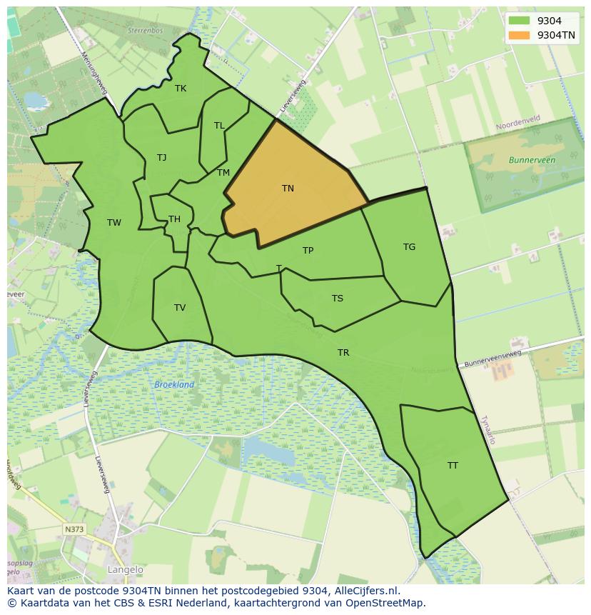 Afbeelding van het postcodegebied 9304 TN op de kaart.