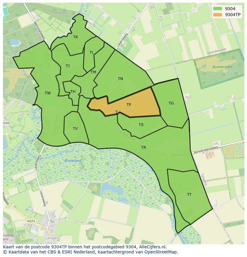 Afbeelding van het postcodegebied 9304 TP op de kaart.