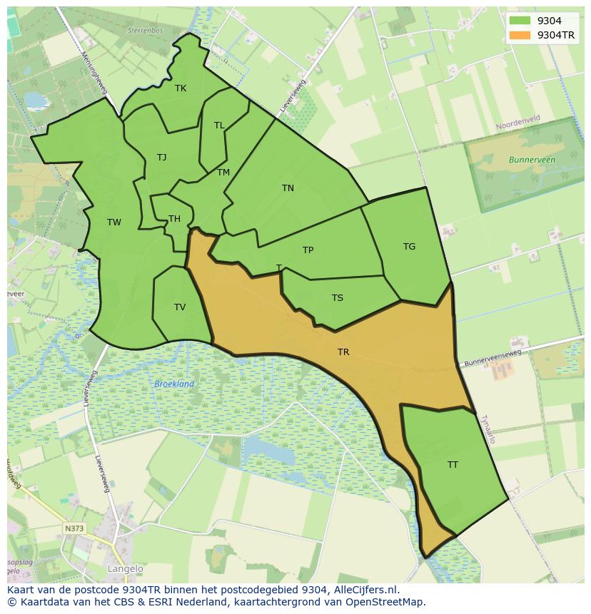 Afbeelding van het postcodegebied 9304 TR op de kaart.