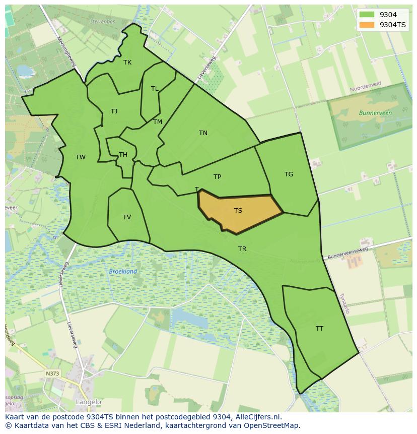 Afbeelding van het postcodegebied 9304 TS op de kaart.