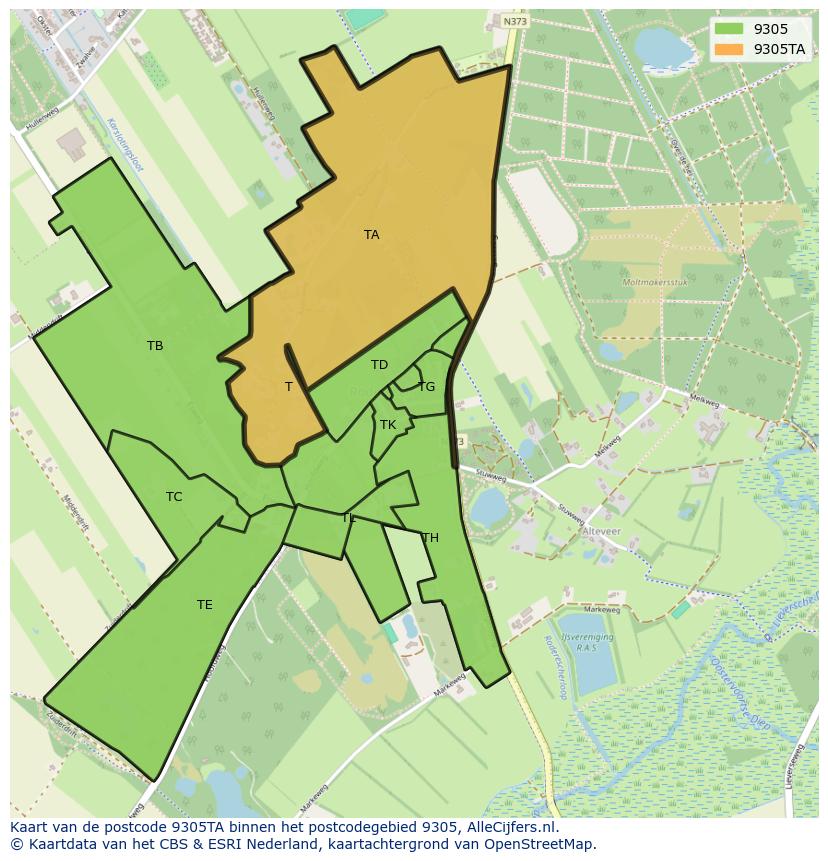 Afbeelding van het postcodegebied 9305 TA op de kaart.