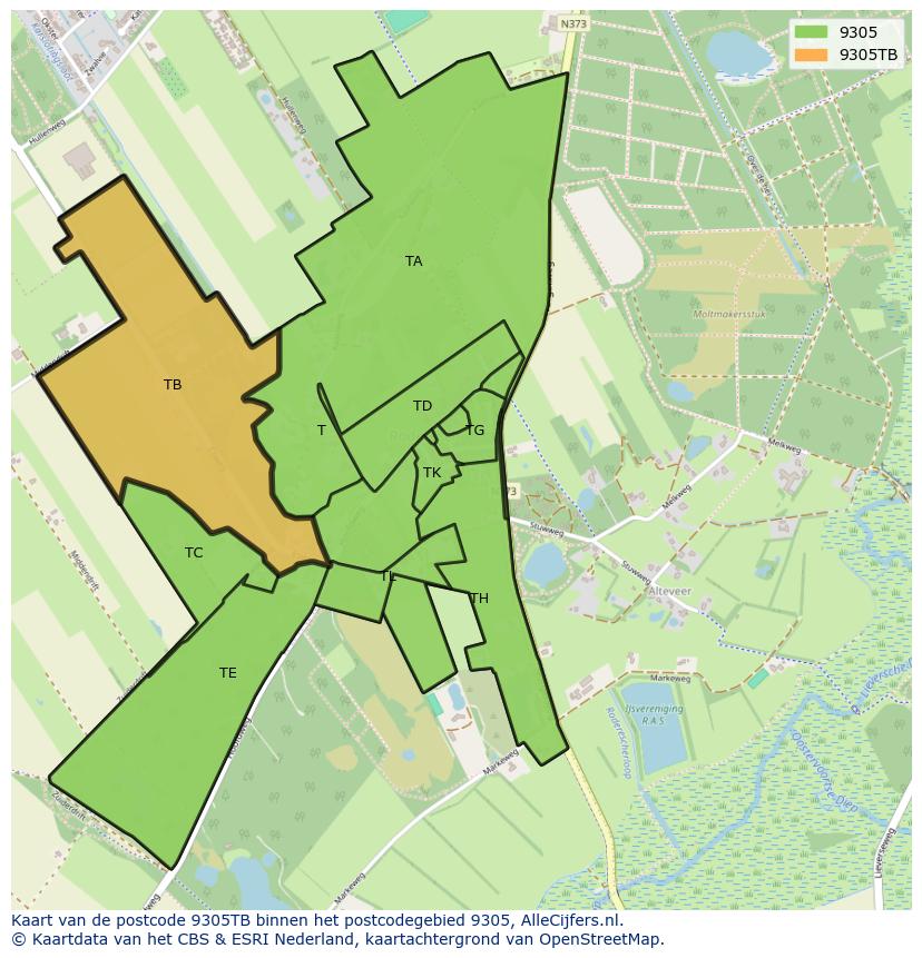 Afbeelding van het postcodegebied 9305 TB op de kaart.
