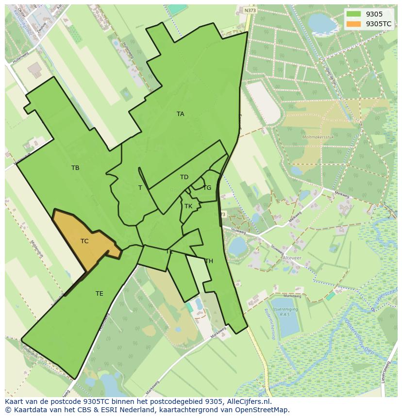 Afbeelding van het postcodegebied 9305 TC op de kaart.
