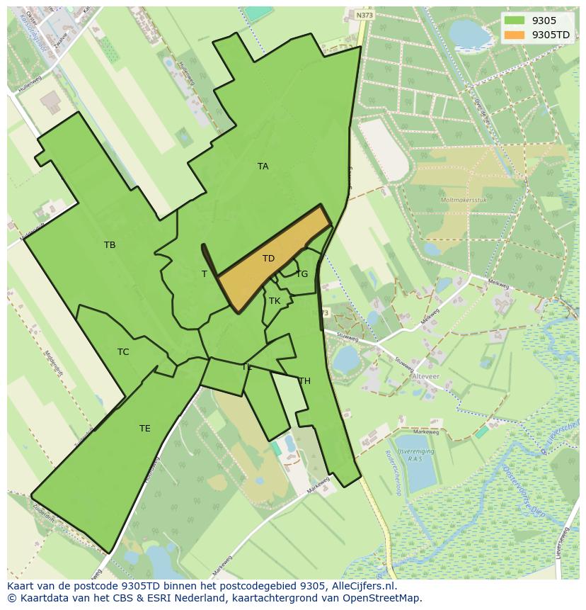 Afbeelding van het postcodegebied 9305 TD op de kaart.