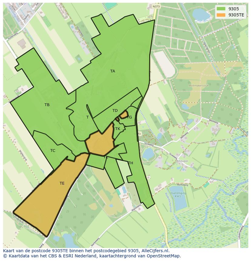 Afbeelding van het postcodegebied 9305 TE op de kaart.